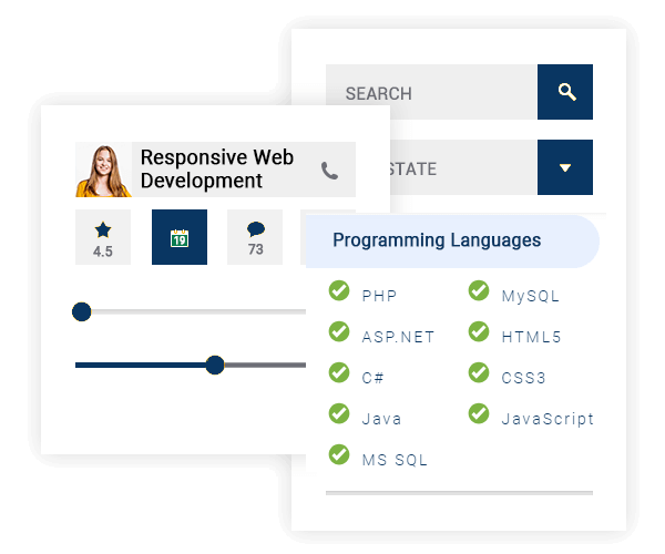 Collage featuring a search form, calendar, and icons of nine programming languages offered by FreeVerseSEO.com.